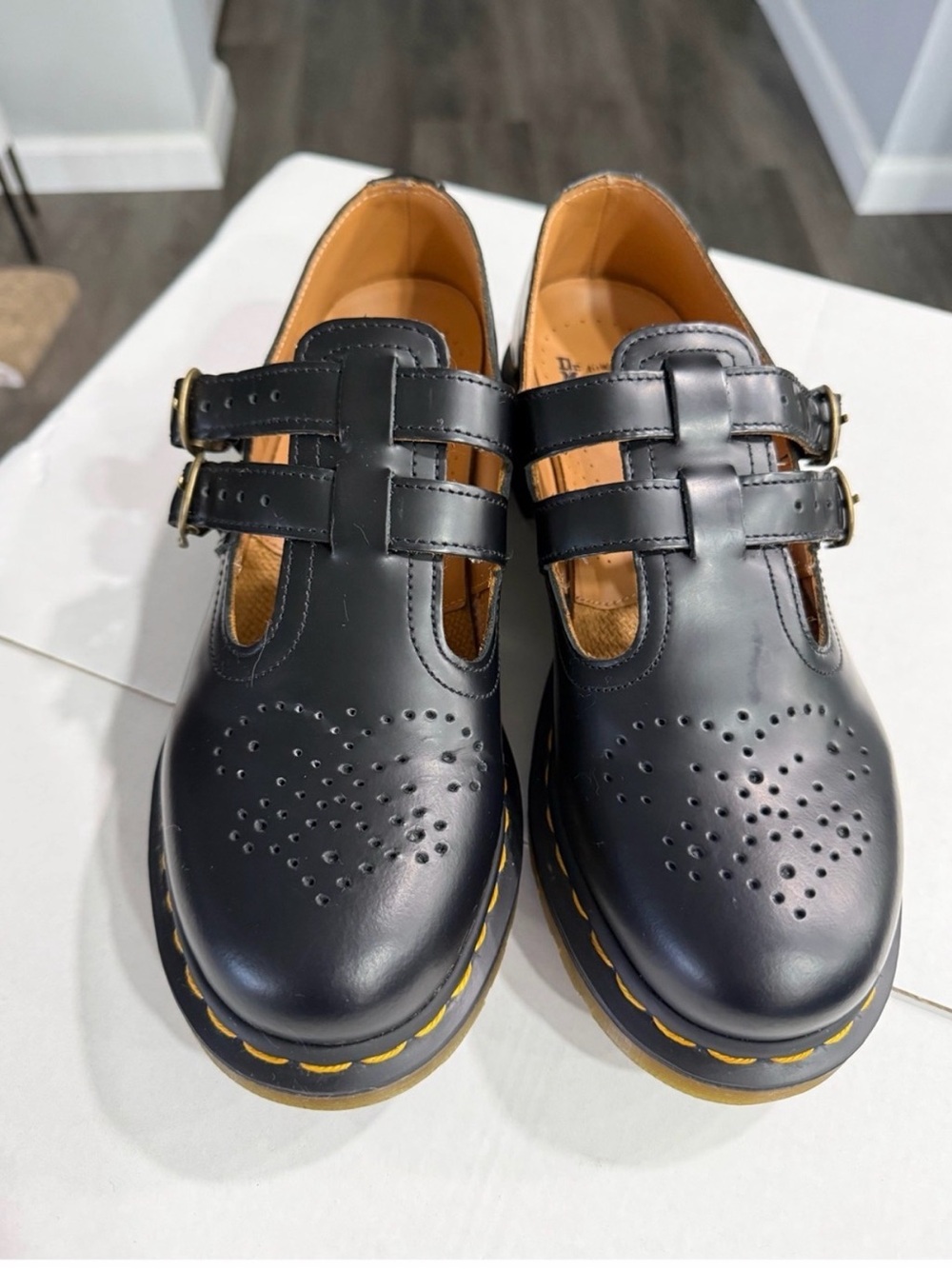 Dr. Martens Black Double-Strap Mary Jane Shoes with Yellow Stitching